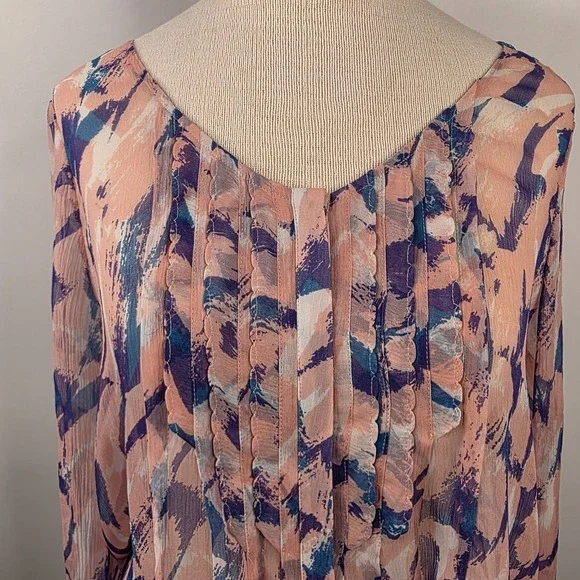 Maeve Anthropologie Silk Blouse SZ 4 Sheer Pink Blue Purple Abstract Long Sleeve - Picture 3 of 13